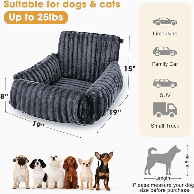 MIXJOY Dog Car Seat for Small/Medium Dogs up to 25 lbs, Multi-Functional Dog Carrier for Car with Detachable Washable Cover, Pet Travel Bed with Clip-On Safety Leash, Grey
