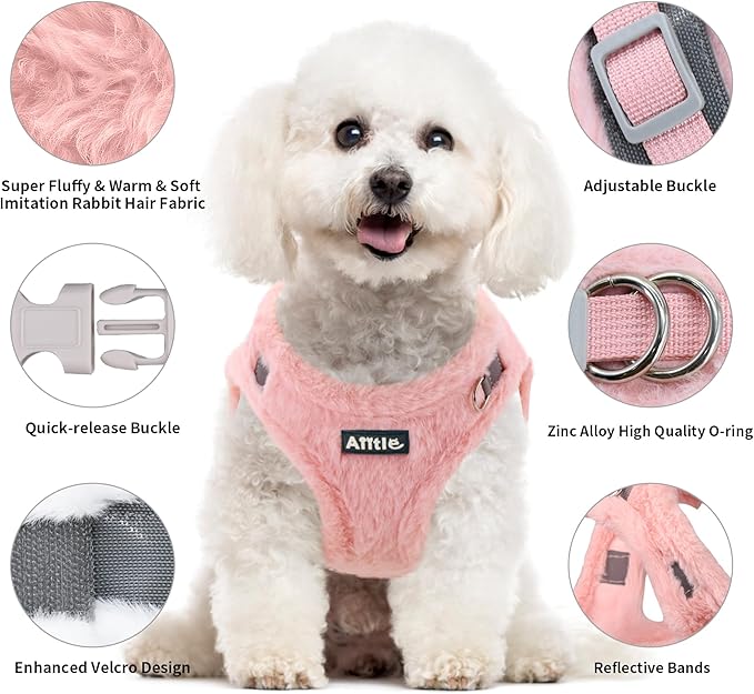 AIITLE Step in Dog Harness and Leash Set - Warm and Cozy Dog Vest Harness with Magic Tape Design, Reflective No-Pull Plush Pet Harness for Outdoor Walking, Training for Small Dogs, Cats Pure Pink XXS