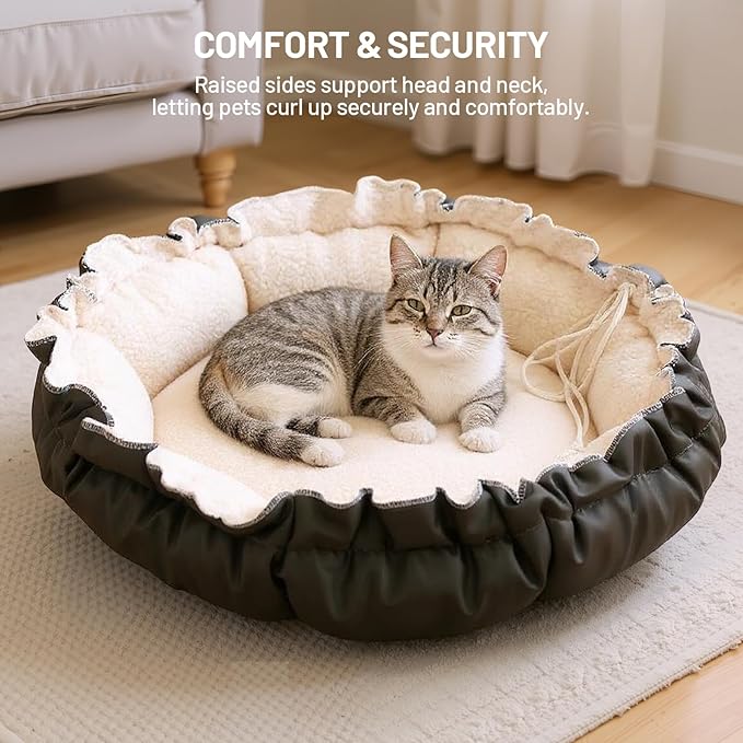 20.8Inch Cat Bed for Indoor Cats, 2-Sided Reversible Pet Bed, Adjustable Drawstring Kitten Bed, Small Dog Beds and Furniture for Puppy, Kitty, with Black Water-Resistant Anti-Slip Bottom