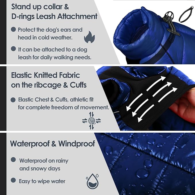 AOFITEE Dog Coat, Waterproof Dog Jacket for Winter, Warm Fullbody Dogs Snowsuit, Winter Coat for Small Dogs, Zip Up Pet Puffer Jacket Fleece Vest, Outdoor Reflective Cold Weather Pet Coats, Blue S
