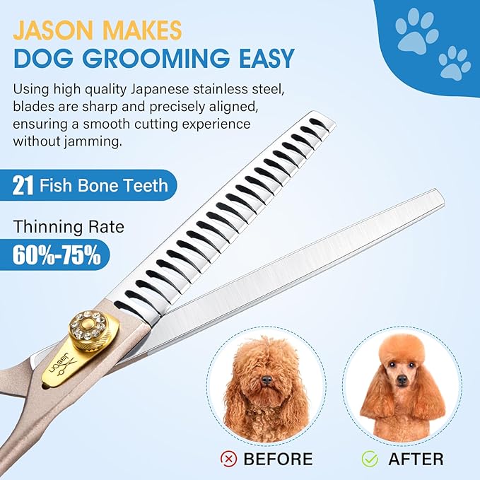 JASON Professional Dog Grooming Scissors - 7 Inch Chunker Shear Japanese 440C Stainless Steel Diamond Screw with 21 Fishbone Teeth Dog Thinning Scissors Christmas Gift