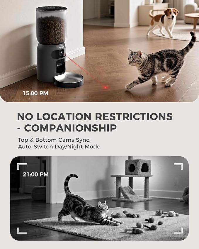 AI Automatic Cat Feeder with 2K HD Dual Cameras,5G&2.4G Wi-Fi 6L Programmable Cat Food Dispenser with Cats Recognition& Diet Tracking, Laser Interactive Toy & Two-Way Audio