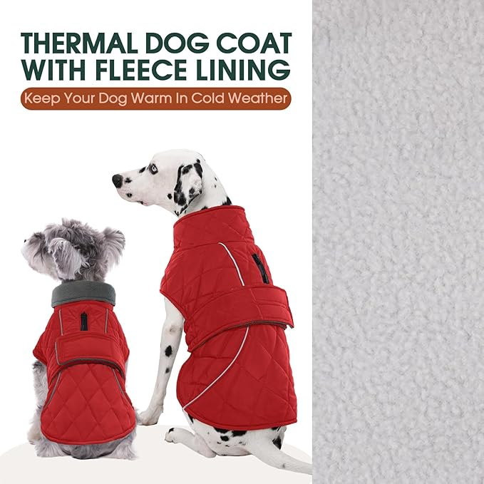 Kuoser Extra Warm Dog Coat, Windproof Cold Weather Dog Jackets for Large Dogs, Thick Fleece Lining Pet Turtleneck Snowsuit Reflective Adjustable Puppy Winter Coat Doggie Snow Jacket Red, XL