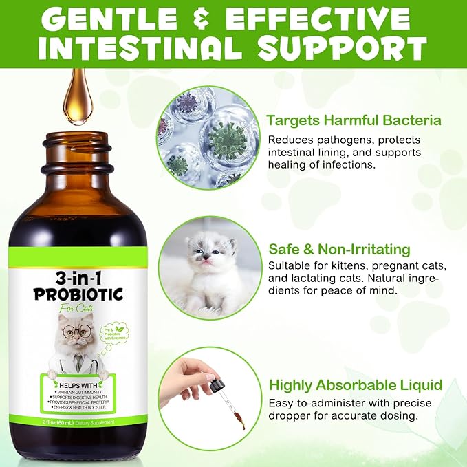 Probiotic for Cats, Natural 3 in 1 Cat Probiotic Drops Helps to Relieve Diarrhea, 60ml for Cats of All Ages, Supports Gut Health, with Digestive Enzymes & Prebiotics Liquid Supplement