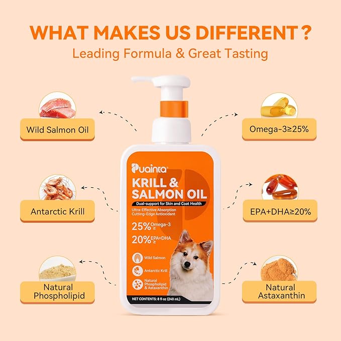 Krill and Salmon Oil for Dogs & Cats for Healthy Skin and Coat, 25% Max Omega 3 for Dog Fish Oil Supplement with EPA & DHA, Vitamin A, E for Dry Skin, Itchy & Allergy Skin Relief -8 oz, Liquid
