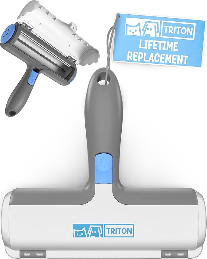 Triton Pet Hair Removal Tool w/Fur Trapping Compartment and Detachable Handle, 60% Smaller Storage Size, Reusable Shedding Roller, Cat and Dog Hair Remover for Car, Furniture, Carpet (Gray/White)