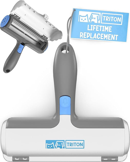 Triton Pet Hair Removal Tool w/Fur Trapping Compartment and Detachable Handle, 60% Smaller Storage Size, Reusable Shedding Roller, Cat and Dog Hair Remover for Car, Furniture, Carpet (Gray/White)