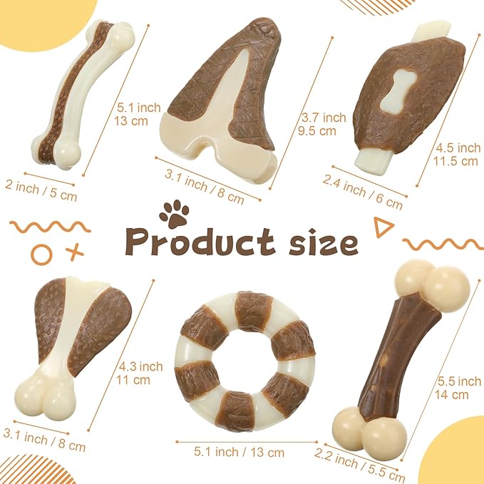 Libima 6 Pieces Chew Toys for Aggressive Chewers, Real Beef Flavor Dog Teething Chew Bones for Breed Puppies Pet Toy with Durable Nylon(Cute,Small and Medium)