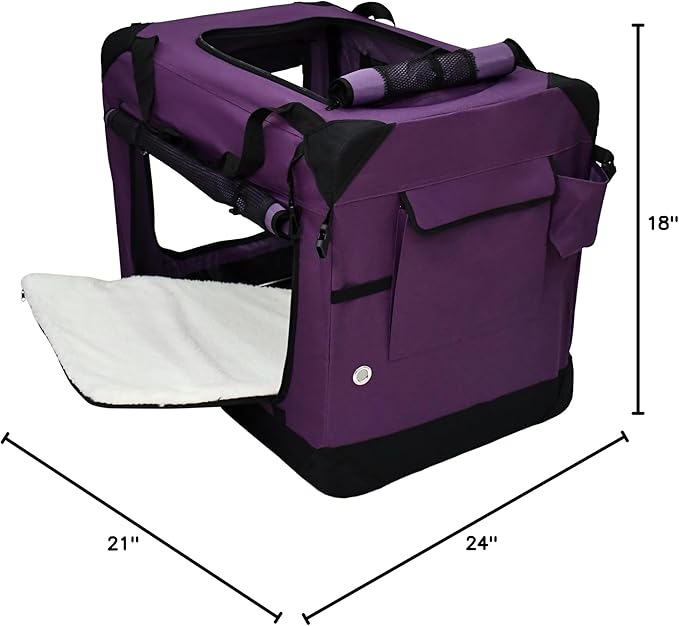 EliteField 4-Door Folding Soft Dog Crate with Curtains, Carrying Bag and Fleece Bed (2 Year Warranty), Indoor & Outdoor Pet Home (24" L x 18" W x 21" H, Purple+4 Door Curtains)