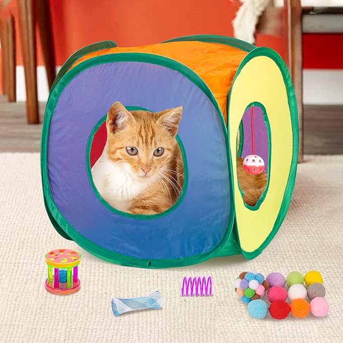Retro Shaw Cat Toys Packs 33Pcs, Interactive Kitten Toys for Indoor Cats Kitty with Collapsible Play Tunnel Tube Tent Feather Wand Teaser Bell Fuzzy Ball Springs Mouse Toy