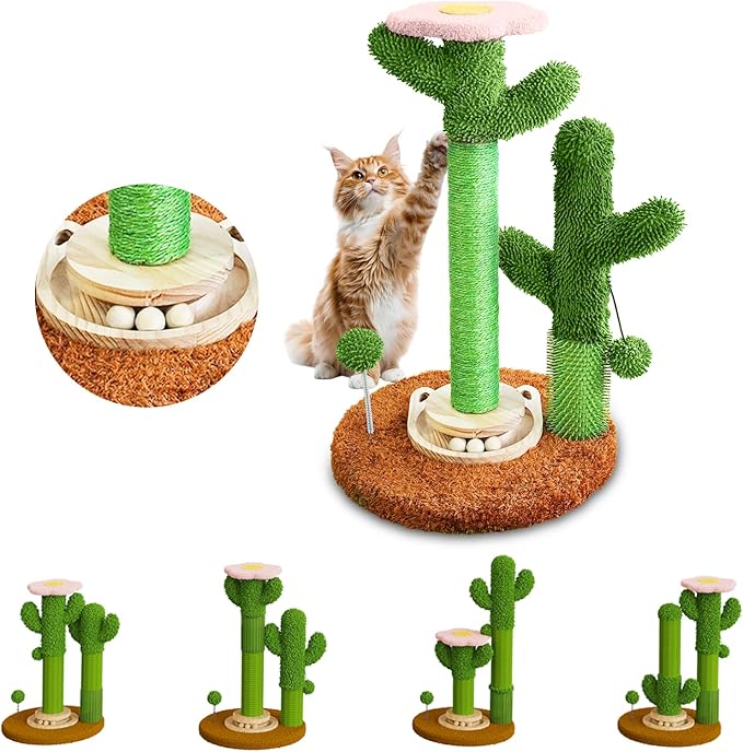 DIY Cactus Cat Scratching Post with Self-Grooming Brush and Ball Toy, 9+ Adjustable Installation Styles, Modular Sisal Cat Scratching Post for Indoor Cats and Kittens, Customizable Cat Furniture