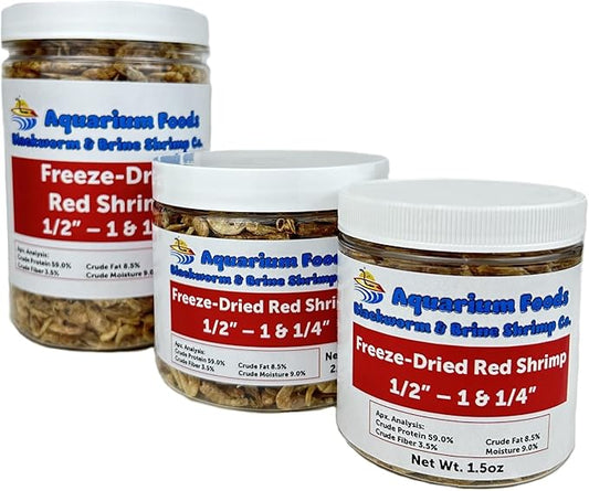 Aquatic Foods Inc. Red River Shrimp - Freeze-Dried 1/2" to 1&1/4" Red River Shrimp for Cichlids, Koi & Pond Fish, Aquatic Turtles, All Community Tropical Fish, Reptiles, Rodents…2.5oz Med Round Jar