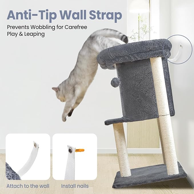 Small Cat Tree Tower for Indoor Large Cats, Cat Scratching Post with Big Perch Bed, 28in Tall Trees House with Condo Cave, Toy Balls, Modern Climbing Furniture Big Platform for Kitten (Dark Gray)