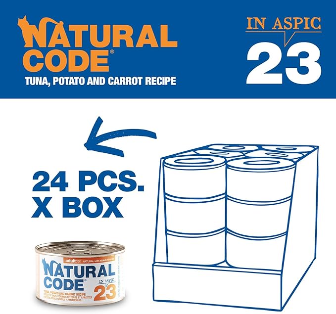 Natural Code Limited Ingredient Wet Cat Food Topper, High Protein, Low Fat, Additive-Free, Non-GMO, No Artificial Colors or Flavors, Tuna, Potato & Carrot in Aspic for Adult Cats, 24 Pack of 3oz Cans