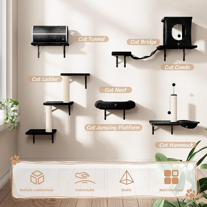 7-in-1 Wall Mounted Cat Climber Set, Cat Furniture with House, Tunnel, Bridge, Steps, Scratcher, Hammock, Shelves for Indoor, Black