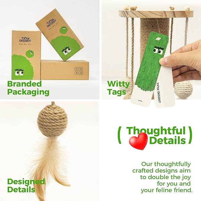 TINYBEAST Wooden Cat Scratching Post, 4 in 1 Cat Scratcher Toy with Cat Ball Tracks, 24.8" Tall Sisal Scratch Post for Indoor Kittens Adult Cats, Interactive Feather Toy and 4 Sisal Hanging Balls