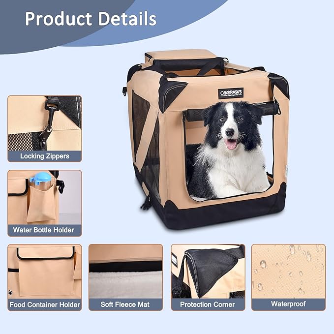 JESPET 36'' Soft Dog Crates Kennel for Pets, 3 Door Soft Sided Folding Travel Pet Carrier with Straps and Fleece Mat for Dogs, Cats, Rabbits, Grey Blue & Beige (36" L x 24" W x 27" H, Beige)