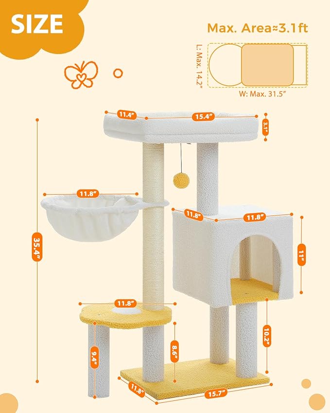 Cute Cat Tree - 35.4" Cloud Cat Tower for Indoor Cats w/Large Top Bed, Comfy Hammock for Kittens, Flower Platform, Cat Scratching Post, and Dangling Ball, White