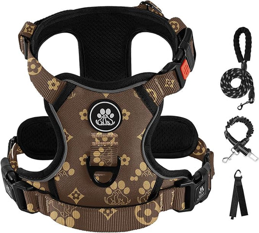 IVY&LANE No Pull Dog Harness with Leash Set, Reflective No Choke Pet Vest,Adjustable Oxford Dog Vest Harness with Easy Control Handle for Large Dogs (Dark Brown,L)