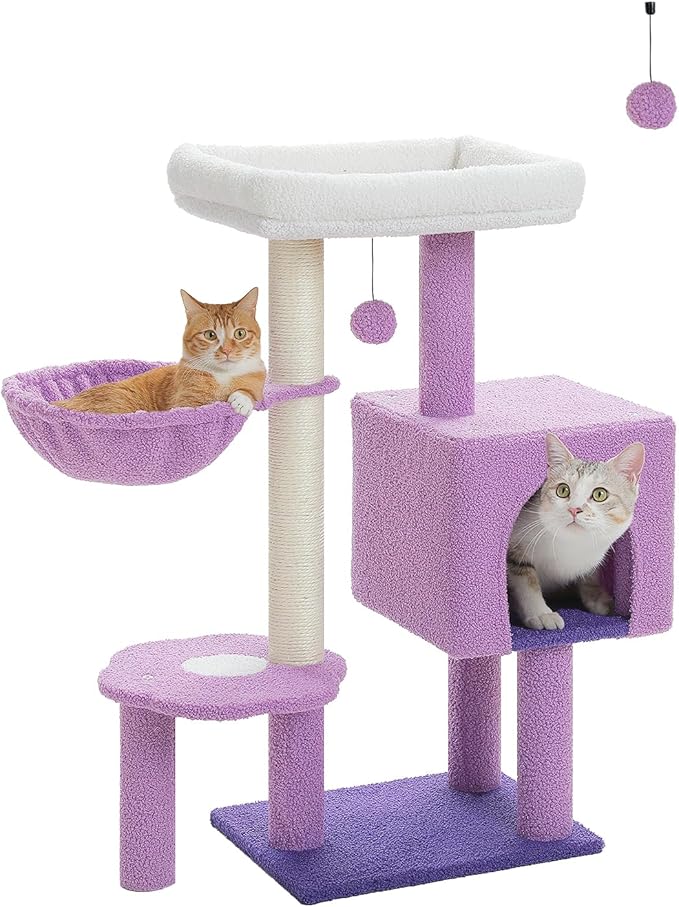 Cute Cat Tree - 35.4" Purple Cat Tower Cat Condo for Indoor Cats w/Removable Cloud Bed, Cozy Metal Frame Hammock, Sisal Scratching Post, and Replaceable Toy Ball, for Small-medium Cats, Purple