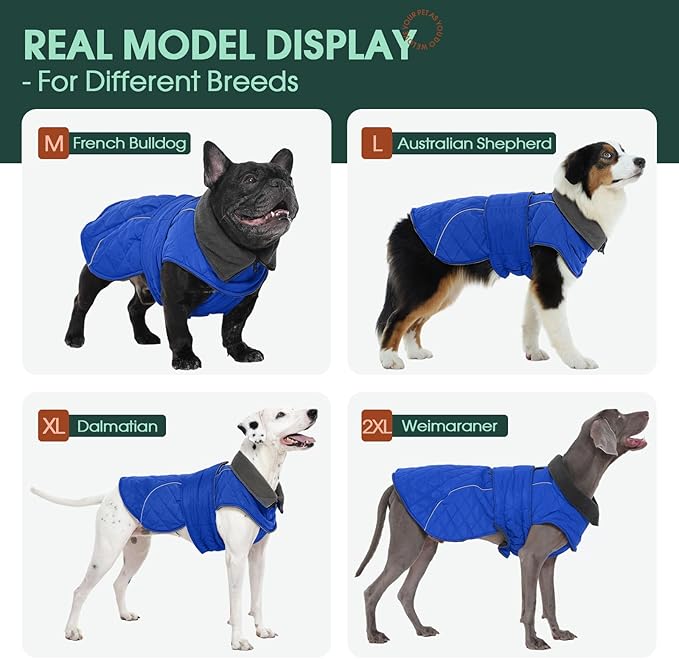 Kuoser Dog Jacket Warm Fleece Lined Dog Coats for Small Dogs, Waterproof Pet Coat Reflective Puppy Snowsuit with Harness Hole for Cold Weather Walking Hiking, Quilted Dogs Winter Vest, Blue, S