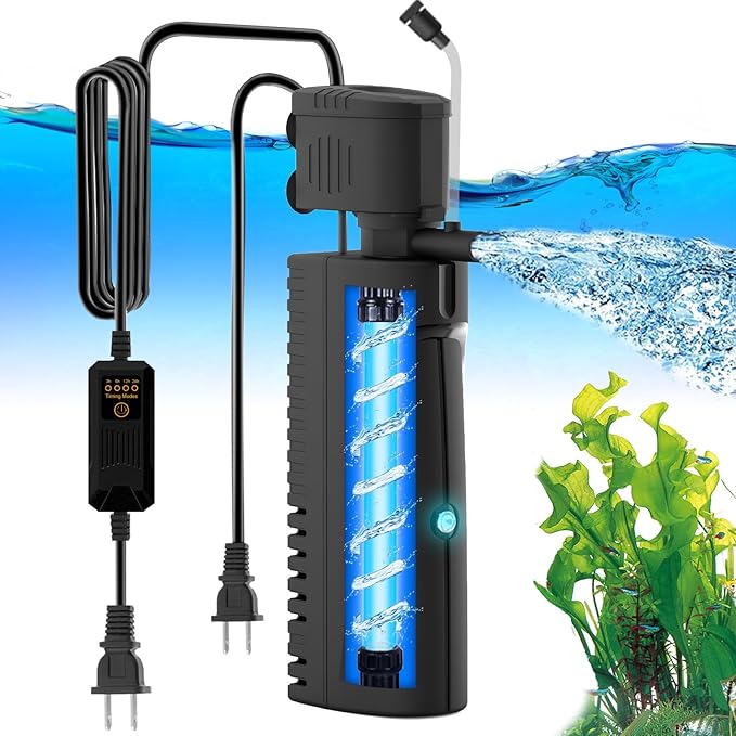 AquaMiracle Aquarium Filter with U - V Light & Pre-Filter Sponge, Fish Tank Filter with Timer for Green Water, Green Clean Machine Turtle Filter with Aeration for Aquarium and Pond 60-120 Gallon