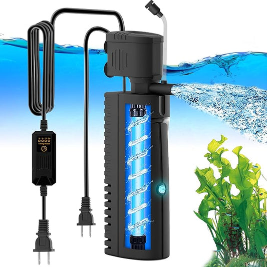 AquaMiracle Aquarium Filter with U - V Light & Pre-Filter Sponge, Fish Tank Filter with Timer for Green Water, Green Clean Machine Turtle Filter with Aeration for Aquarium and Pond 60-120 Gallon