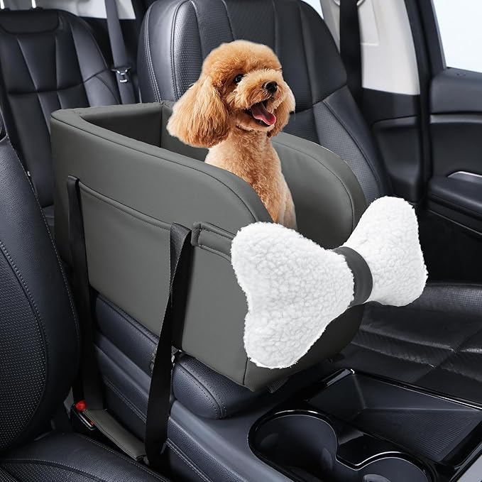 Center Console Dog Car Seat for Small Dogs Puppy Pet Booster Seat for Car PU Leather Travel Pet Car Carriers for Cat with Adjustable Safety Belt Support Pet up to 11lbs