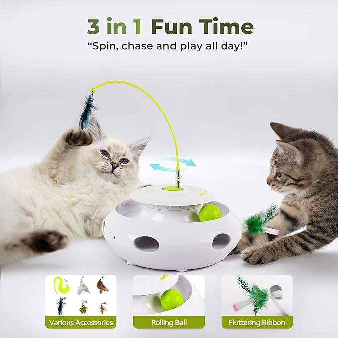 ALL FOR PAWS 3 in 1 Interactive Flutter Bug Cat Toy with Rolling Balls, Whack-a-Mole Feather Toy Automatic Kitten Spinner Toys, Mental Stimulation for Indoor Cats,Includes 6 Teaser Refills