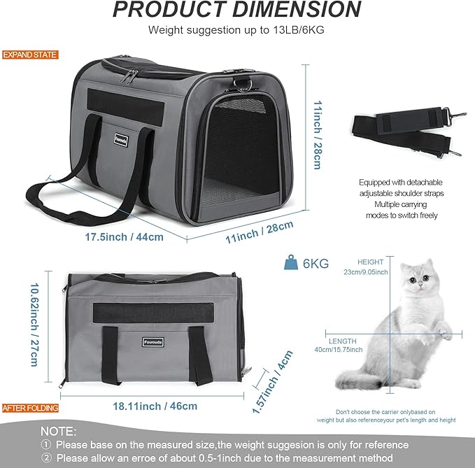 Cat Travel Carrier - Foldable Dog Carrier Bag, Soft-Sided Pet Bag up to 20 Lbs,Pet Carrier Soft-Sided Escape Proof with 4 Ventilated Windows, Airline Approved Travel Puppy Carrier (Black)