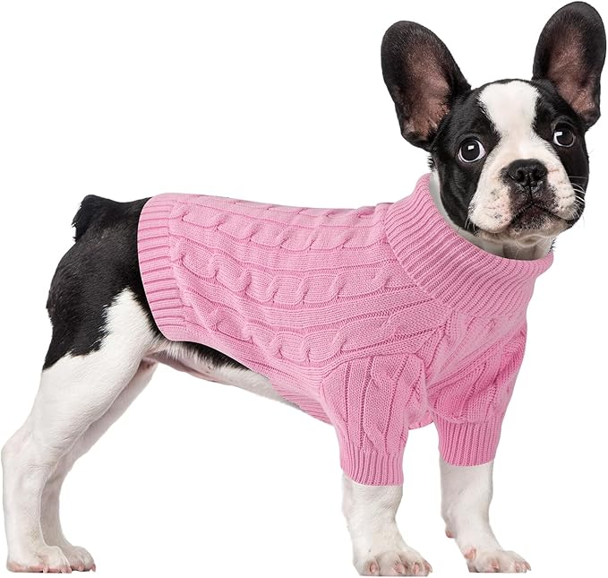 Small Dog Thermal Pullover Sweater, Classic Turtleneck Cable Knitwear Dog Clothes for Cold Weather Warm Pet Clothes for Chihuahua, Bulldog, Dachshund, Pug Pink Small