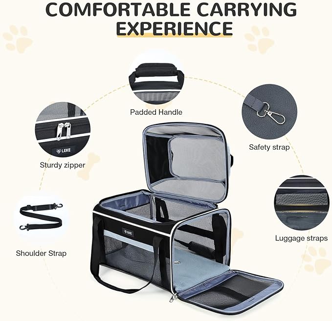 Lekereise Top-Expandable Pet Carrier - TSA Airline Approved Soft Sided Underseat Up to 12lbs Travel Carriers for Small Cats and Dogs with Locking Safety Zippers Anti-Scratch Mesh