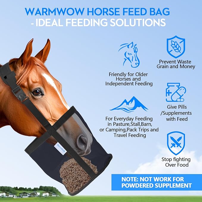 Horse Feed Bag Pack of 2, Feed Bags for Horses with Ventilation Mesh, Comfort Nose Pad Neck Pad, Adjustable Strap, Spill Proof Design for Independent Feeding Grain, Supplements (Black Blue)