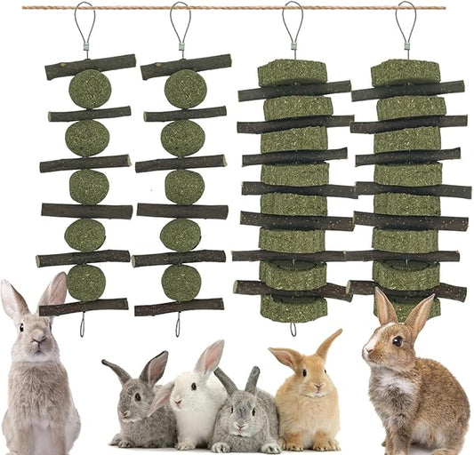 Rabbits Bunny Chew Toys Treats Natural Wood Timothy Hay Grass Cakes Balls Chew Toys Treats for Hamster Chinchilla Guinea Pigs 4pcs