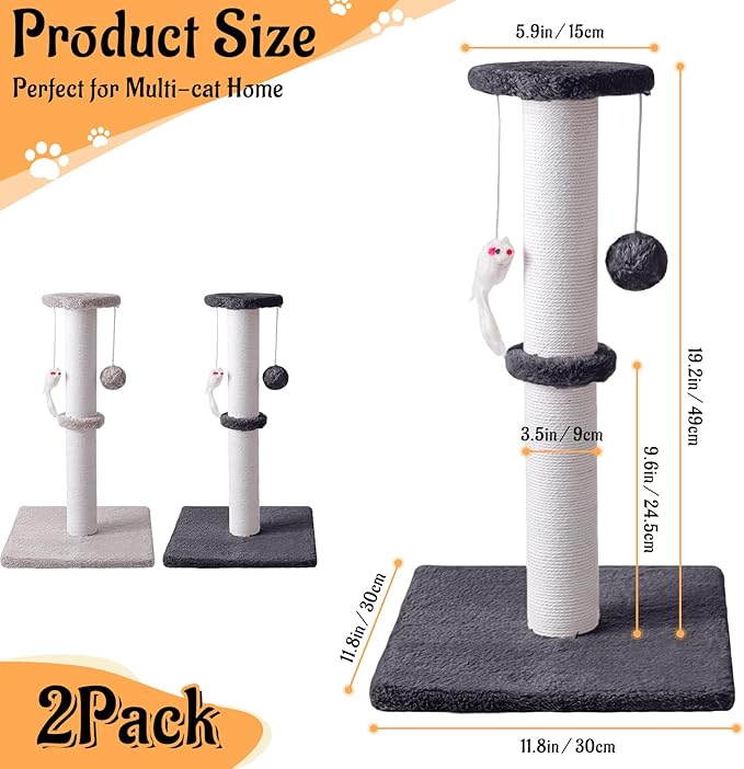 2 Pack Cat Scratching Post, Heavy Duty and Thicker Cat Scratching Post, Sisal Rope with Hanging Ball and Mice Scratching Post for Indoor Cats and Adult