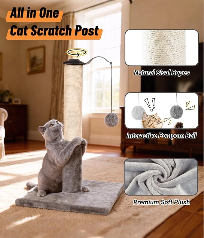Happi N Pets 22" Cat Scratching Posts for Indoor Cats, Carpet Cat Scratch Post, Sisal Cat Scratcher, Cat Post with Rotatable Hanging Balls & Stable Base, Cat Scratchers for Kittens-Light Gray