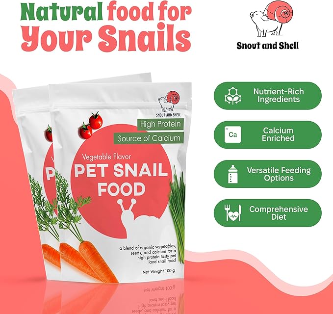 Snout & Shell Vegetable Flavored Pet Land Snail Food - Tasty High-Protein, Calcium Blend for Snails, Easy Addition to Your Garden Snails Terrarium or Snail Habitat
