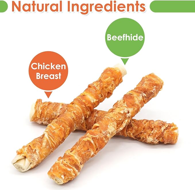 MON2SUN Dog Treats, 9 Inch Chicken Wrapped Rawhide Rolls Snacks, Teeth Cleaning and Long Lasting Chews for Medium and Large Dogs, 38.8oz (10 Count-Pack of 1)