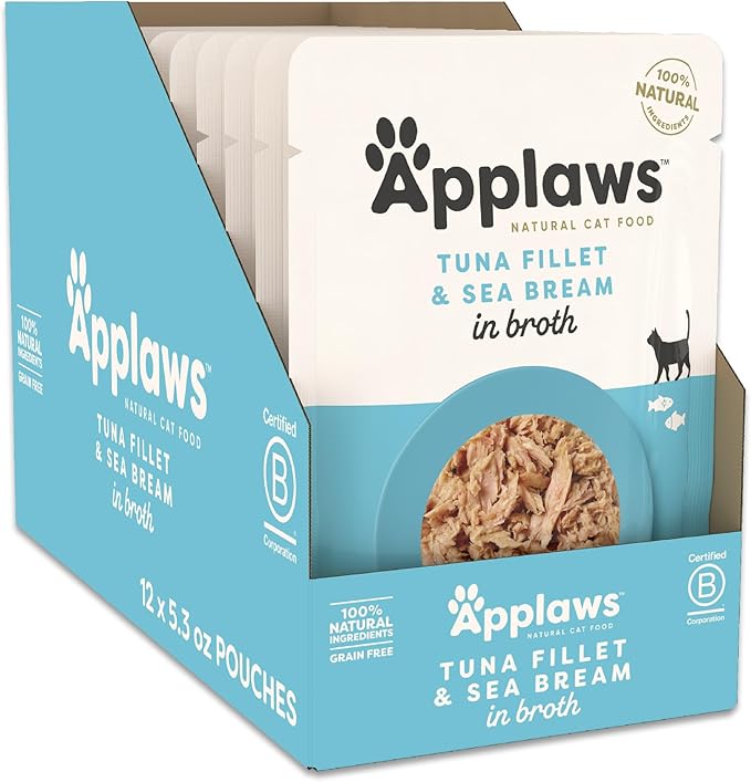 Applaws Natural Wet Cat Food in Broth, Limited and Natural Ingredients, High Protein with No Artificial Additives, Tuna Fillet & Seabream in Broth (12 x 5.3oz Pouches)