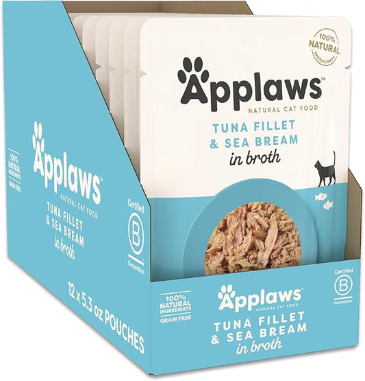 Applaws Natural Wet Cat Food in Broth, Limited and Natural Ingredients, High Protein with No Artificial Additives, Tuna Fillet & Seabream in Broth (12 x 5.3oz Pouches)