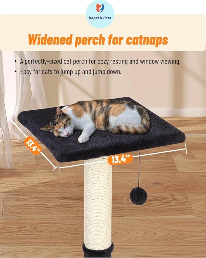Happi N Pets 26" Cat Scratching Post with Platform, Sisal Cat Trees Tower for Indoor Cats, Featuring with Hanging Balls & Cozy Cat Perch, Stable Cat Scratch Posts for Kittens-Smoky Gray