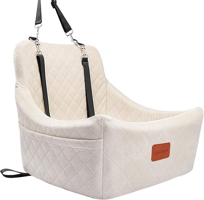Dog Car Seat for Medium Dogs Up to 35lbs,Easy to Install with Adjustable Straps,Anti-Slip Bottom,Fully Detachable and Washable,Soft Fabric Fill in Memory Foam,2 Side Pockets(Beige,Medium)