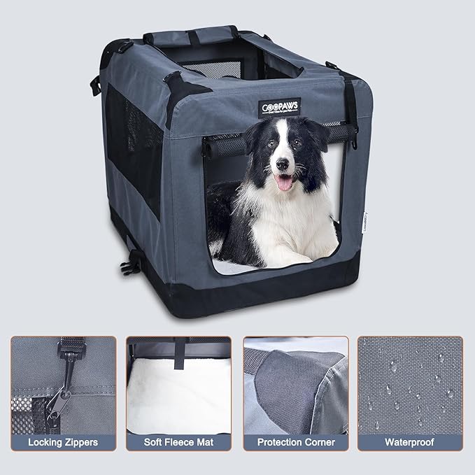 JESPET Soft Dog Crates Kennel for Pets, 3 Door Soft Sided Folding Travel Pet Carrier with Straps and Fleece Mat for Dogs, Cats, Shale Green, 36'' (2-Grey, X-Large(36" L x 24" W x 27" H))