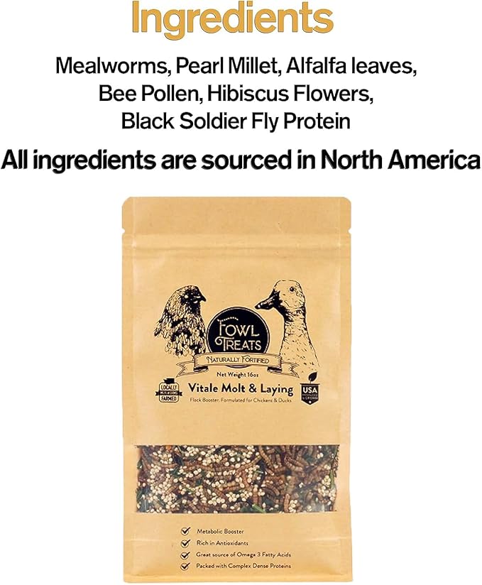 Naturally Fortified Flock Booster - Concentrated Protein and Flora Supplements Suitable for Hens and Ducks, Hand Mixed USA Grown Ingredients – Vitale Molt & Laying – 16oz