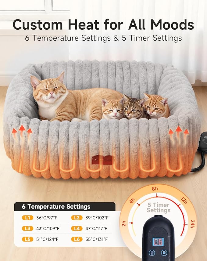 Heated Cat Bed Indoor, Pet Bed with 6 Temperature & 5 Timer Settings, Fluffy Cat Couch with Removable Machine-Washable Cover for Dogs Kitten Puppy in Winter, UL & FCC Certified, Medium, Grey