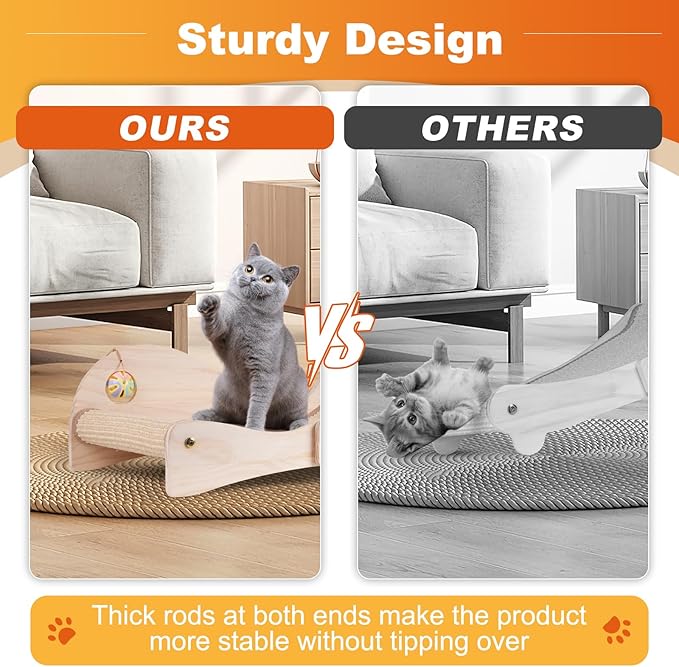 Extra Large 3-in-1 Cat Scratcher Bed with Toy Balls: Natural Sisal Scratching Pad, Cat Lounge Hammock Bed for Large Cats Non-Tip Wood Base Multi-Cat Scratching Board & Scratching Couch Fish Design