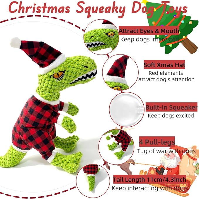 Christmas Squeaky Dog Toys, Xmas Interactive Plush Dog Toy for Large Dogs, Chew Toy to Keep Them Busy for Boredom, for Small Medium Large Dogs -Tyrannosaurus rex