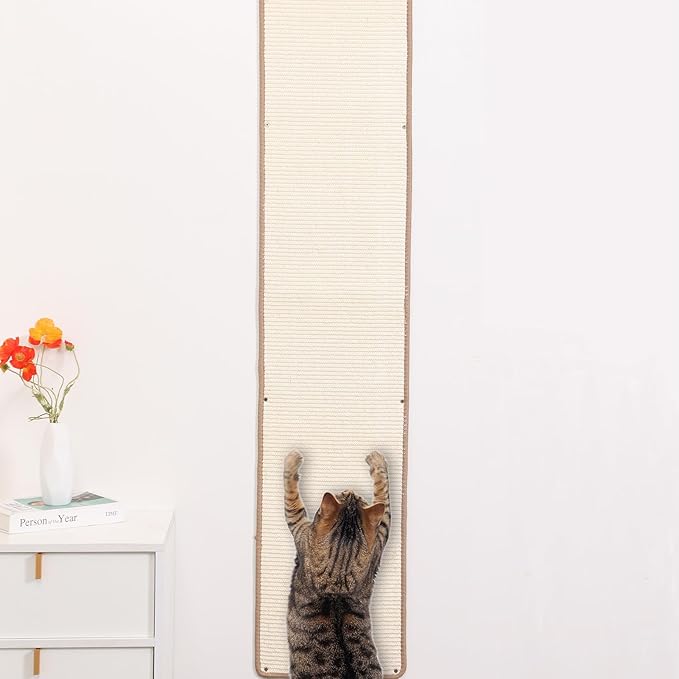 66.93x13.38x0.32 inch Thickened Cat Wall Scratcher Carpet, Cat Climbing Wall, Durable Cat Wall Furniture, Tall Cat Scratching Post, Wall Scratchers for Indoor Cats Sofa Protector (Beige-Velcro Strap)