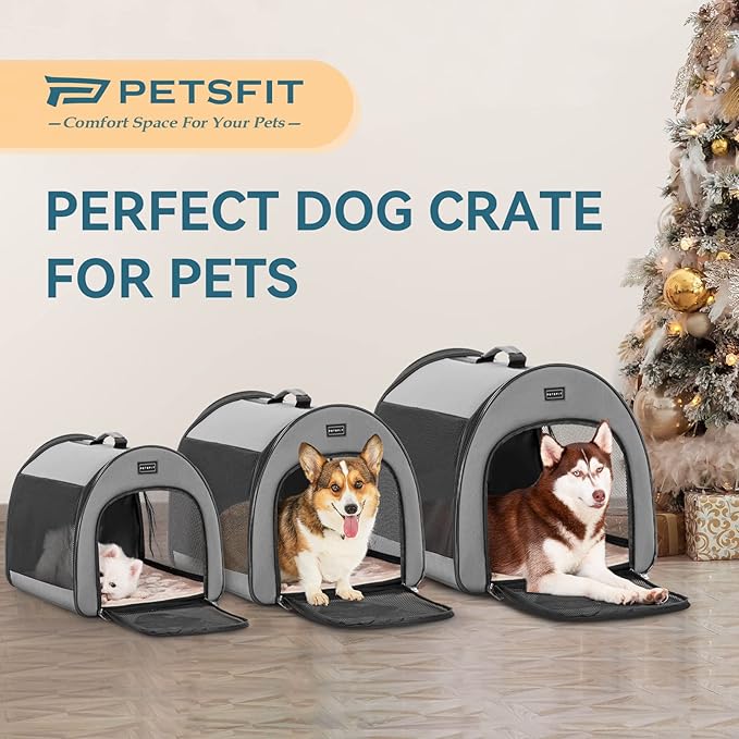 PETSFIT Soft Dog Crate, Dog Crate Travel - 30 Inch Lightweight, Roomy, Easy to Set Up, Sturdy Portable Dog Kennel with Thick Mat, Grey