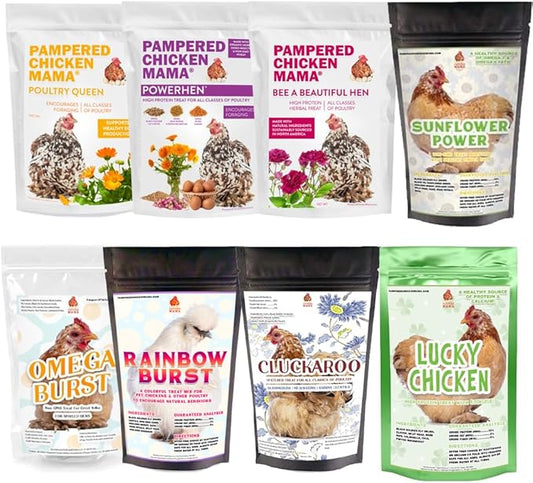 Pampered Chicken Mama Chicken Treat for Hens 8 Pounds Sampler Bundle: 8 Different Treats in One Box! - Grubs, Dried Mealworms, Cracked Corn, Oyster Shell, & Duck Feed